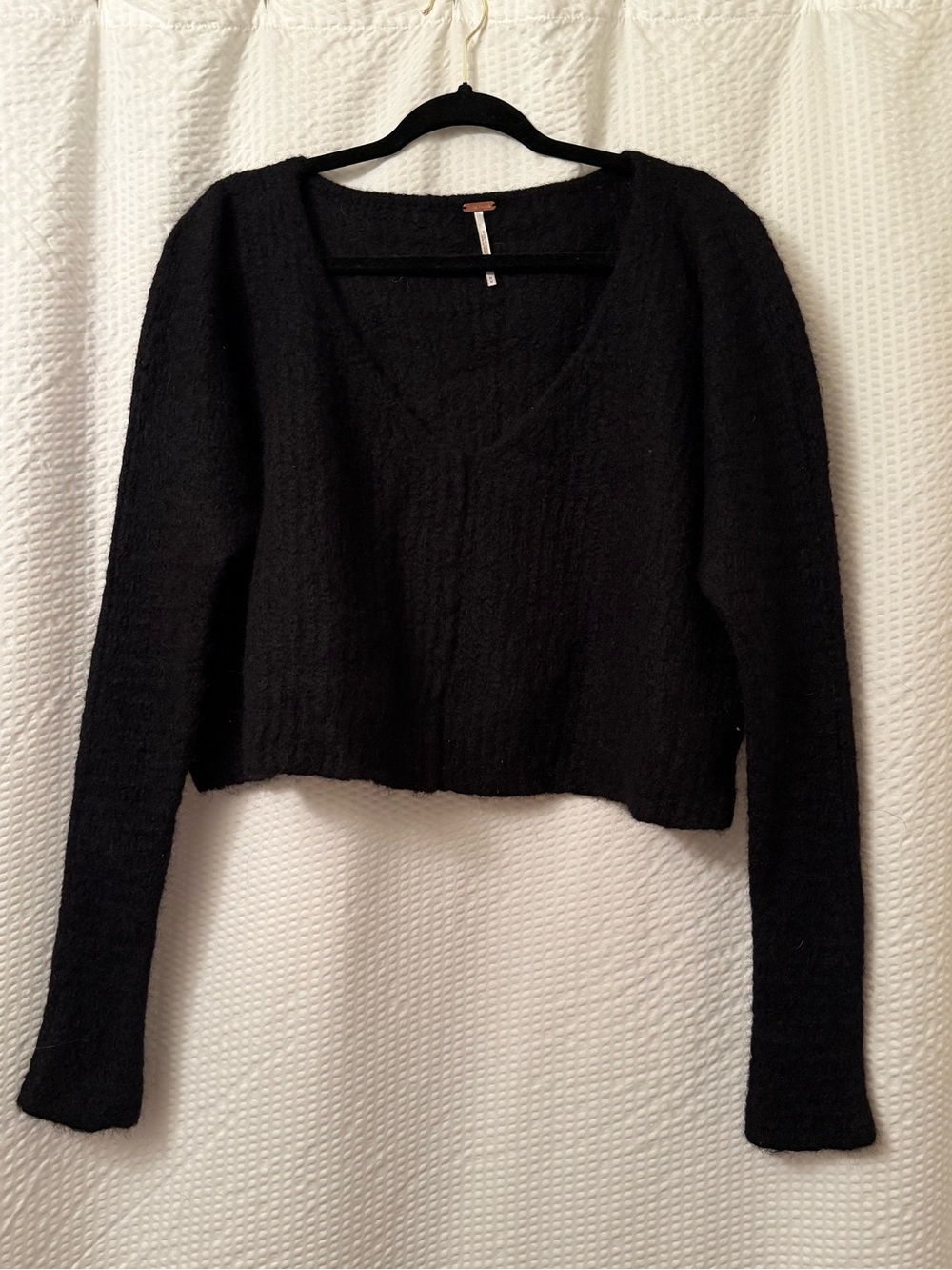Free People Moonbeam V Neck Sweater Sz M Black Alpaca Nylon Crop Top Loose